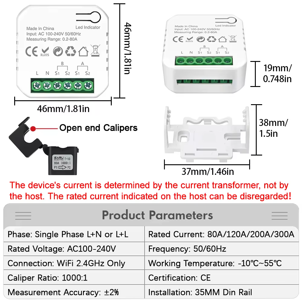 Compteur d'énergie intelligent WiFi Tuya avec pinces 1/2 CT pour système solaire photovoltaïque, sur