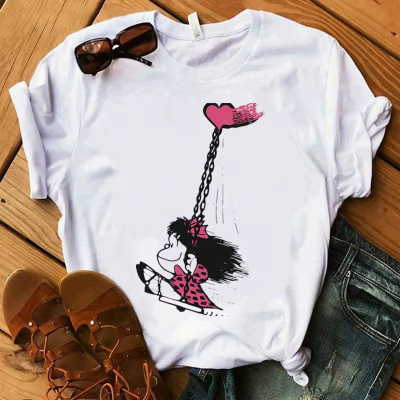 Mafalda-T-Shirt à manches courtes pour femme, streetwear décontracté, col rond, blanc, dessin animé
