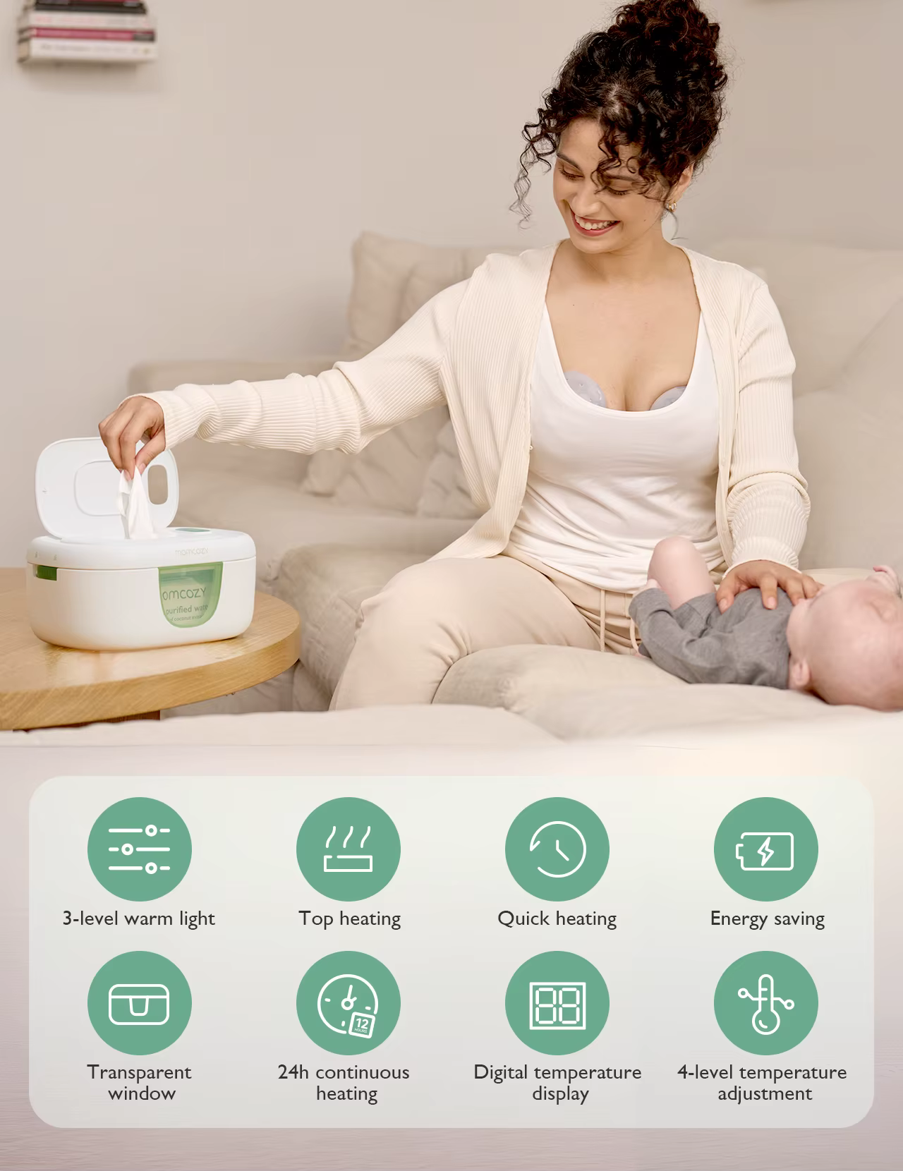 Momcozy Chauffe-lingettes pour bébé, grande capacité, chauffage rapide et uniforme, 4 modes de contr