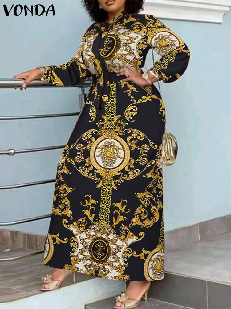 VONDA Robe Maxi 2024 été femmes bohème imprimé fête Robe d'été à manches longues col montant Robe dé