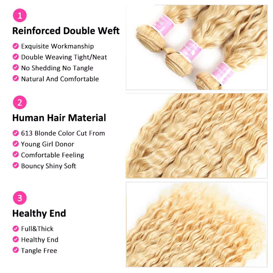 8-32 pouces vague profonde paquets de cheveux humains Remy cheveux brésiliens 613 couleur Blonde vag