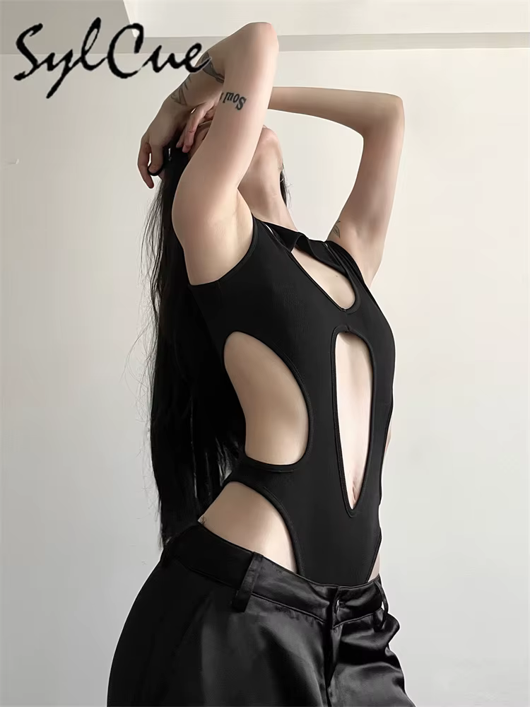 Sylcue noir mystérieux Sexy discothèque chaude creux tout-Match Cool personnalité à la mode Mature b
