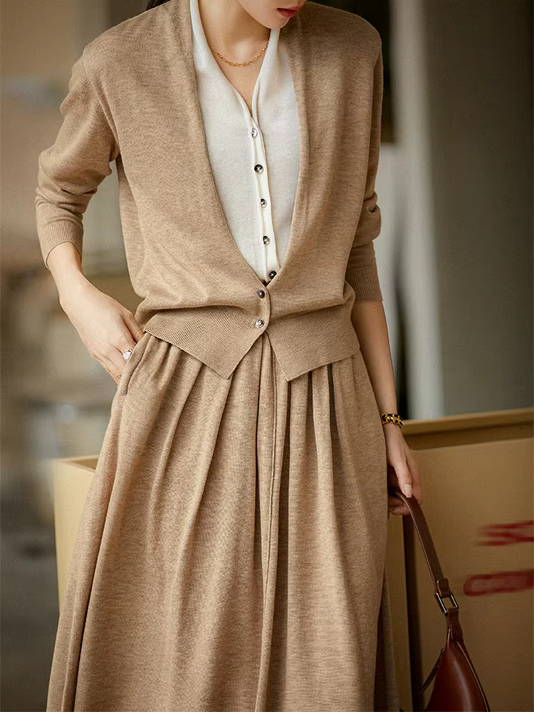 BirdTree-2024 femme nouveau dans les ensembles assortis, 32.4% laine de mouton, faux cardigan 2 pièc