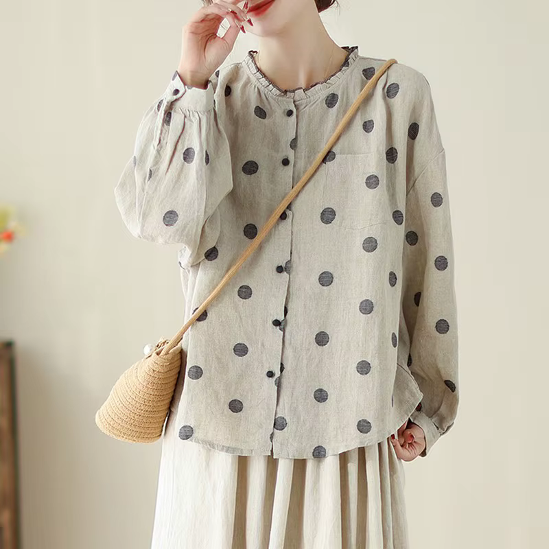Chemises décontractées à manches longues pour femmes, style vintage, col rond, pois, coton, lin, pri