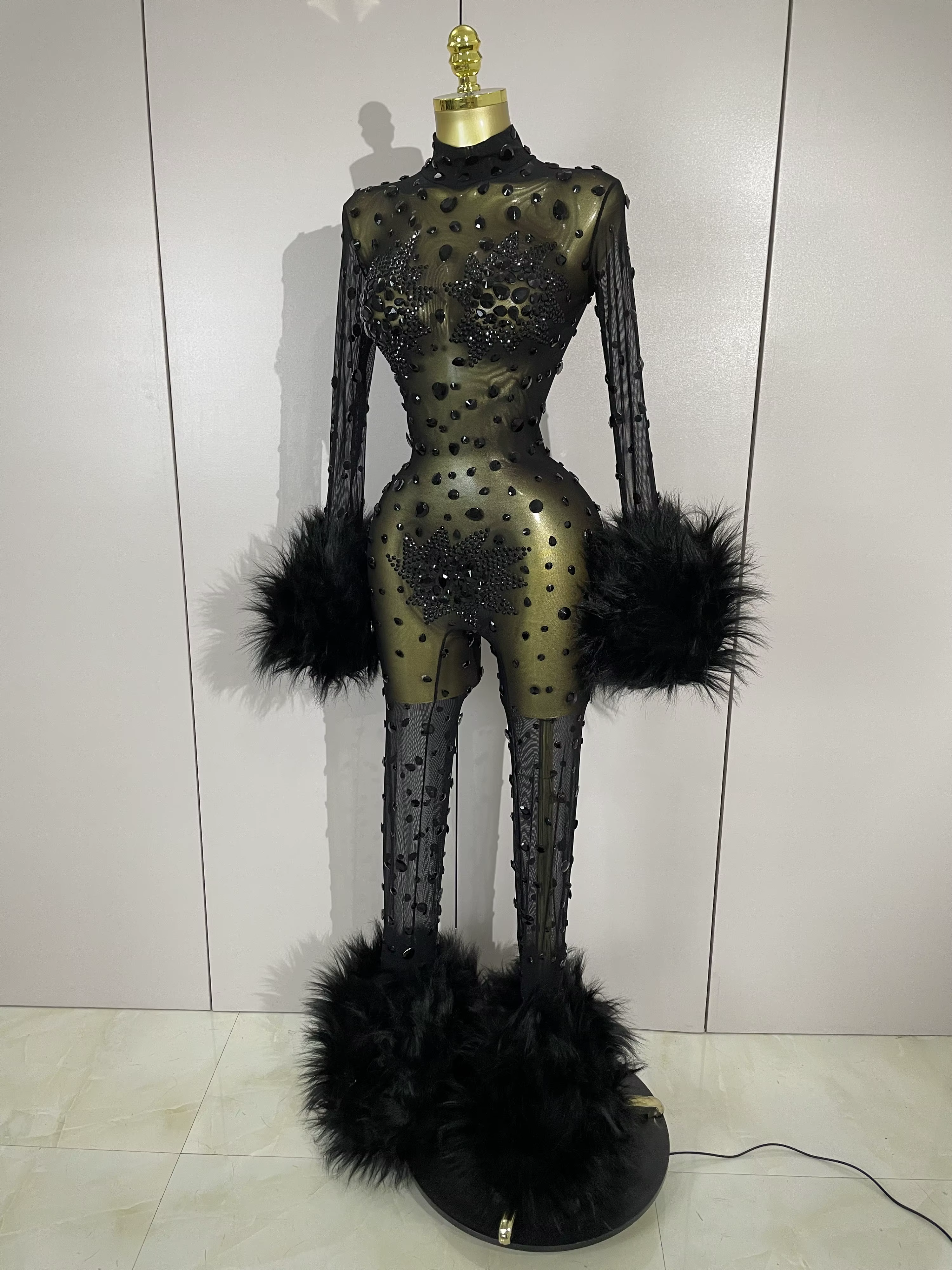 STOCK luxe diamant noir maille Transparent extensible à manches longues combinaison femmes Sexy Perf