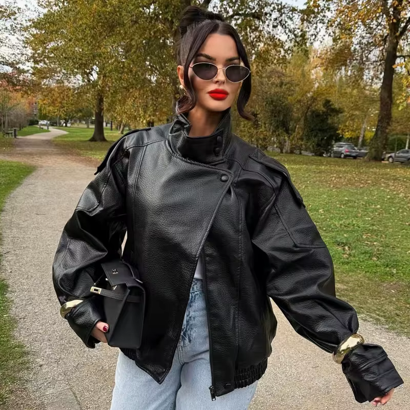 HXAO Veste bombardier asymétrique en simili cuir pour femme, courte, noire, surdimensionnée, à la mo