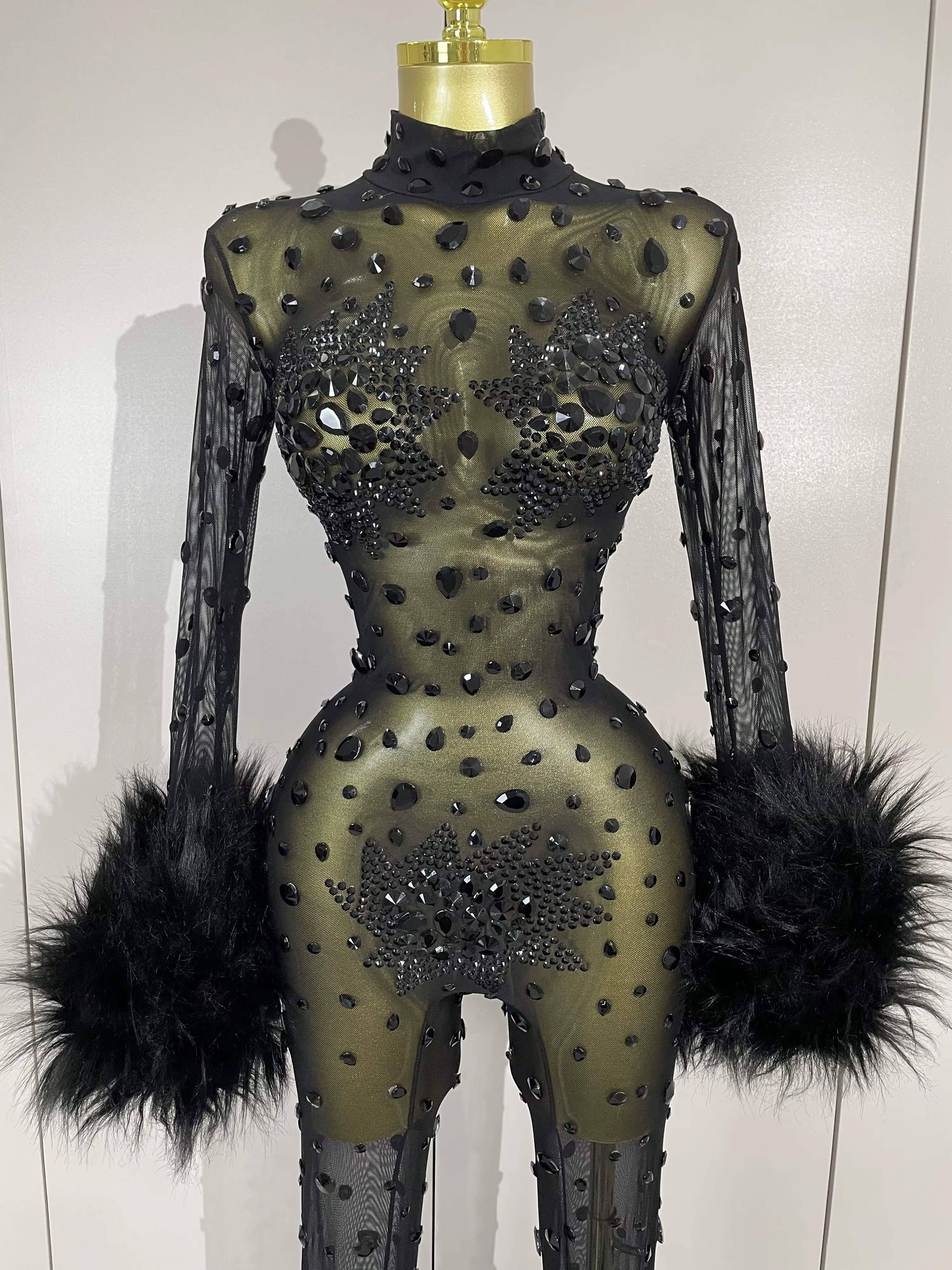 STOCK luxe diamant noir maille Transparent extensible à manches longues combinaison femmes Sexy Perf