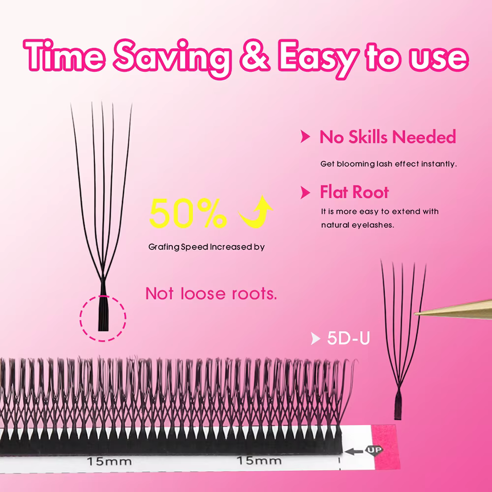 MASSCAKU Extensions de cils 3D/4D/5D/6D en forme de U épaisseur 0.07mm tissé à la main pré-fabriqué