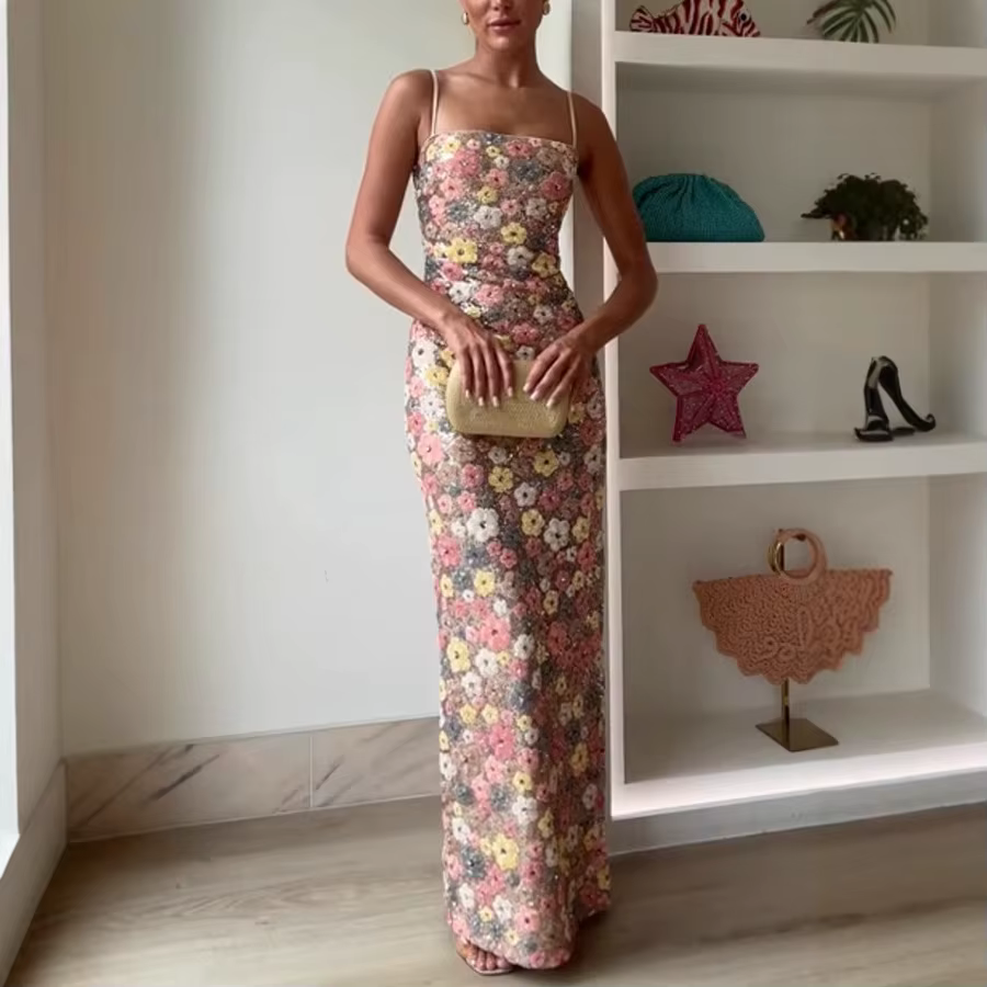Summ femmes fleurs paillettes Patchwork mince fête longue robe sans bretelles mode Maxi robe, Sexy s