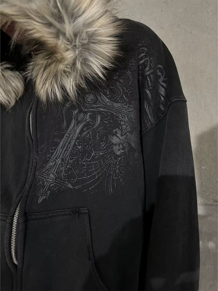 Hoodies zippés pour femmes, style Y2K, esthétique Harajuku, avec col en fausse fourrure, graphiques