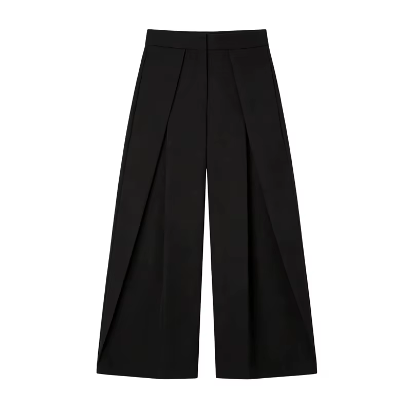 Pantalon Baggy Noir Plissé à Jambes Larges Rayé Décontracté Taille Haute pour Femme Printemps