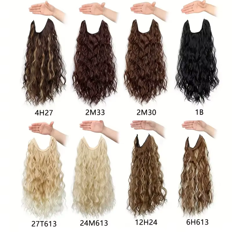 Extension capillaire synthétique de ligne de pêche de 18 pouces, postiche noire Blonde une pièce lon