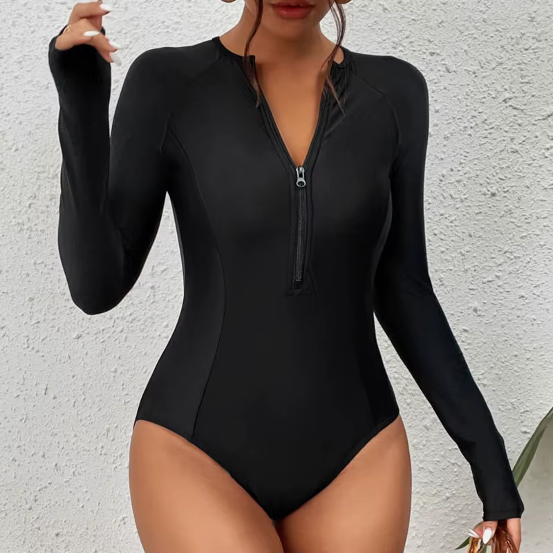 Maillots de bain une pièce noirs fermés à manches longues maillots de bain pour sport surf body femm