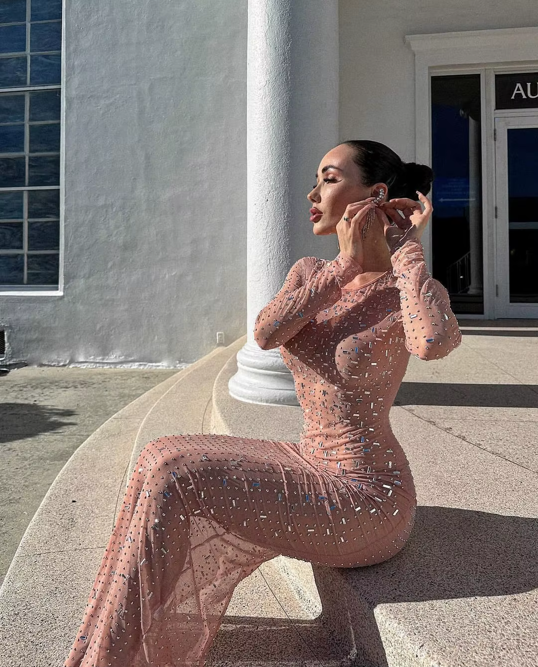 Robe de nuit en maille transparente à manches longues pour femmes, robe maxi à paillettes, mince et