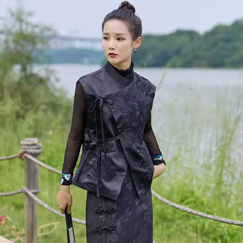 Gilet d'extérieur Vintage de Style chinois, grue blanche/fleurs, gilets à laçage brodés, vêtements é