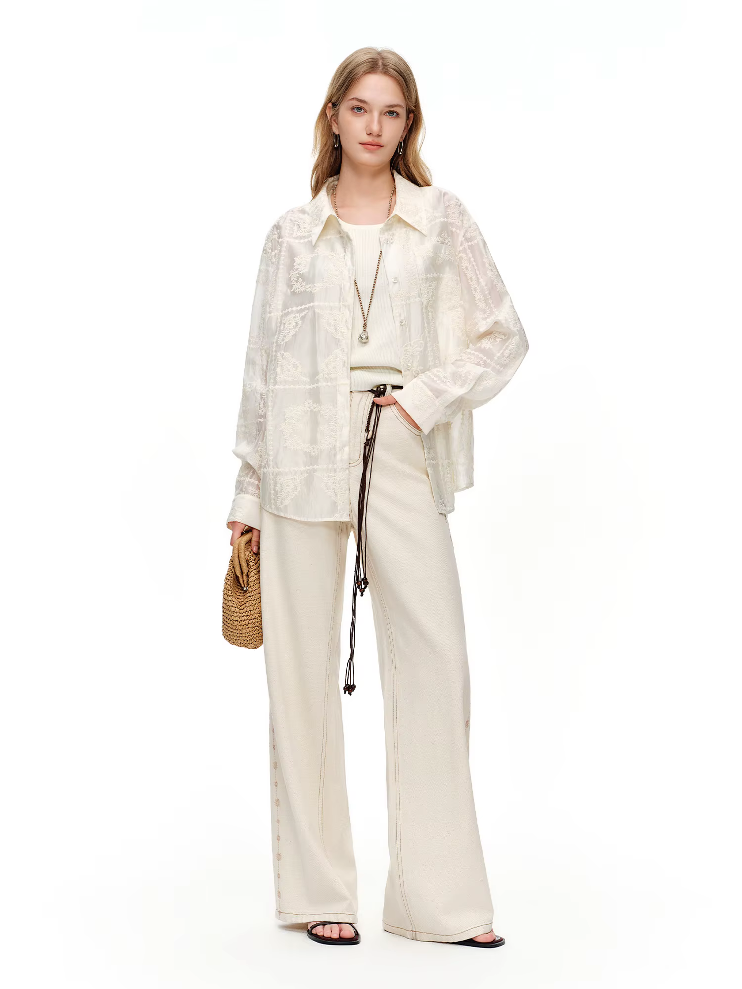 DUSHU 2024 – Jean droit brodé en mélange de lin blanc pour femme – Pantalon élégant et décontracté p