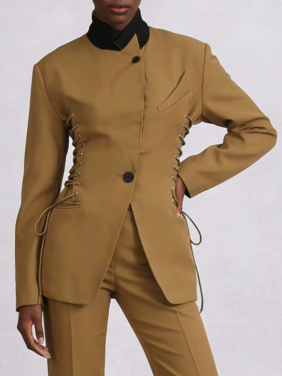 VGH Design Sense – vestes unies à lacets pour femmes, col montant, manches longues, boutons épissés,
