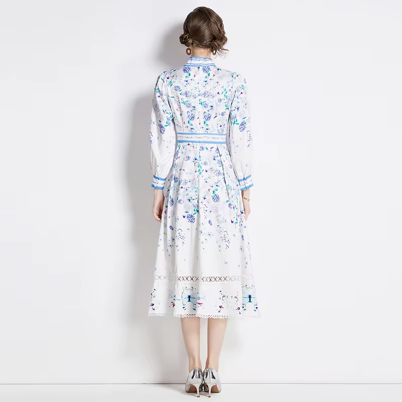 Robe imprimée à manches longues pour femmes, col rond, nœud papillon, taille amincissante, longueur 