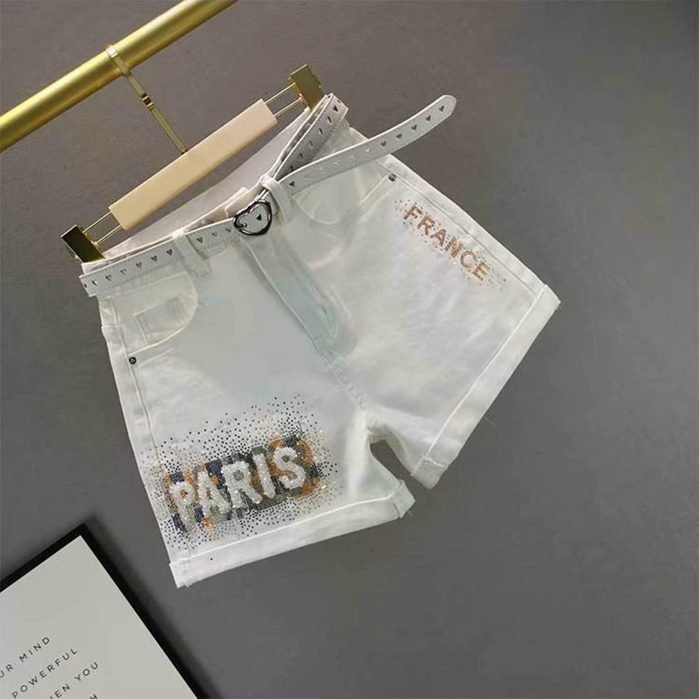 Short en Jean blanc pour femmes, taille haute, ample, à la mode, lettre diamant, nouvelle collection