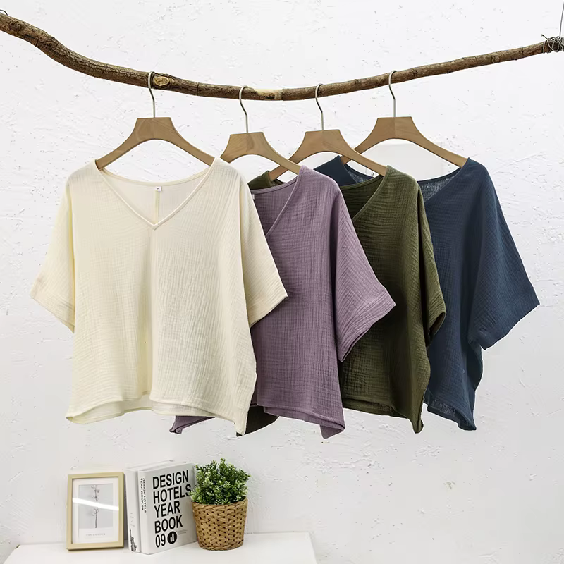 Haut en mousseline de coton chic pour femme, t-shirt sexy, col en V, manches courtes, streetwear déc