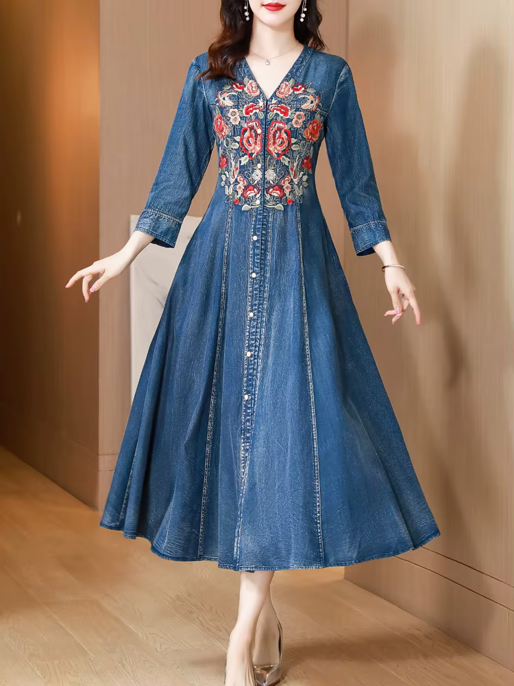 TIYIHAILEY-robe longue en jean mi-mollet à simple boutonnage pour femmes, robe brodée de Style chino