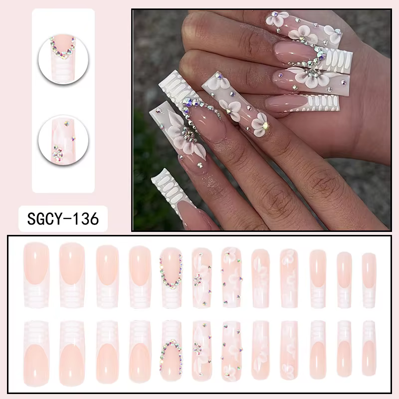 24 cerceaux longs avec motifs français, fleurs, points papillon, faux ongles brillants en diamant, à
