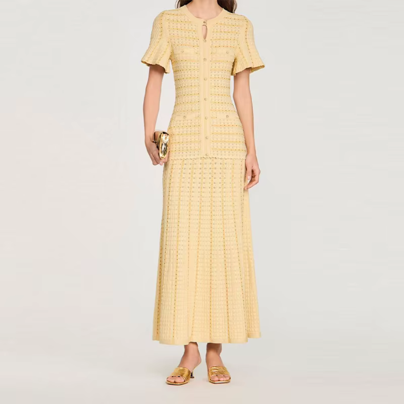 Nouvelle Robe Midi Élégante en Tweed Bleu Marine pour Femme 2026, Manches Courtes, Effet Deux Pièces