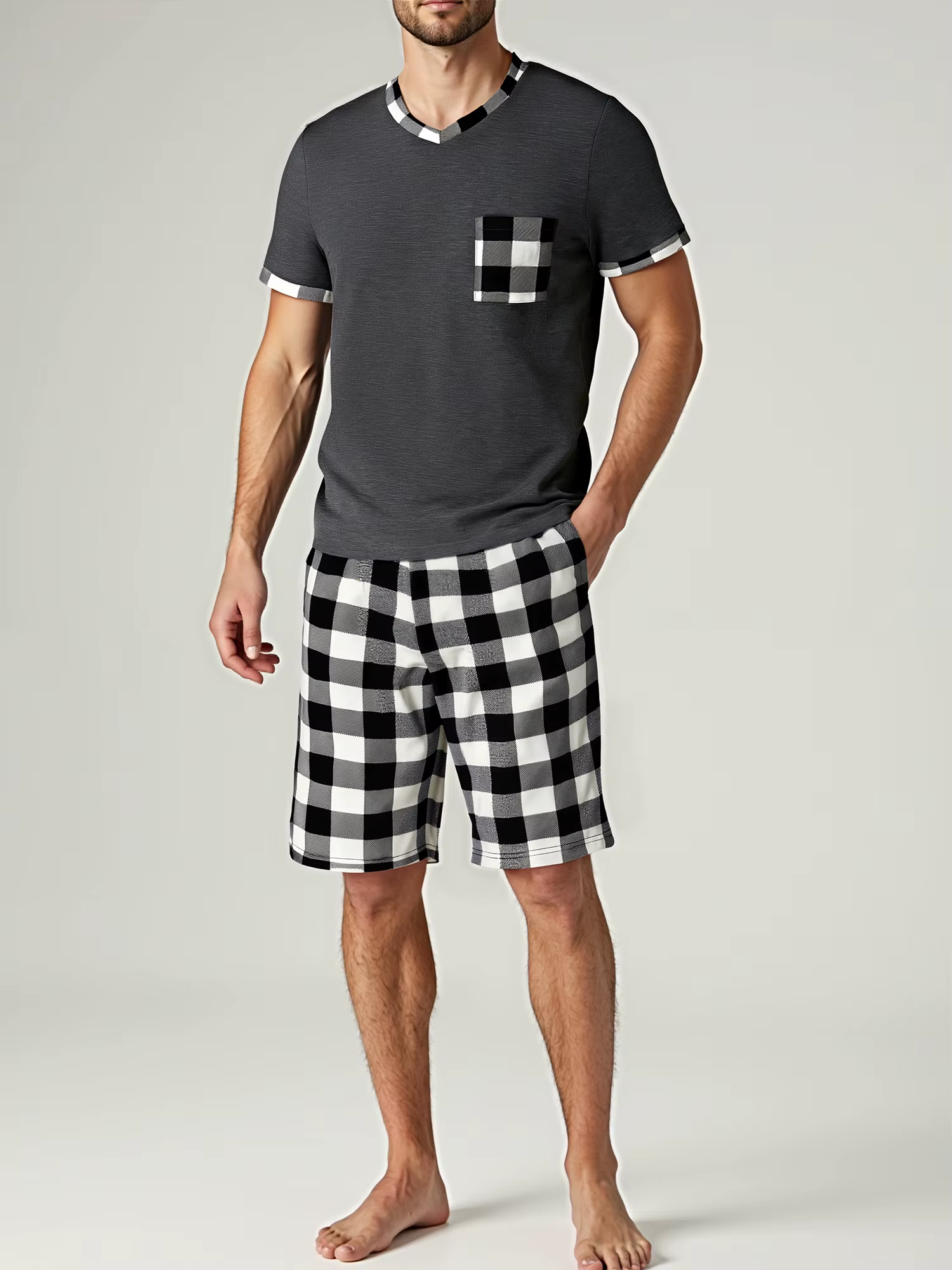 Ensembles de pyjama pour hommes pyjamas à carreaux à manches courtes pour hommes ensemble de pyjama