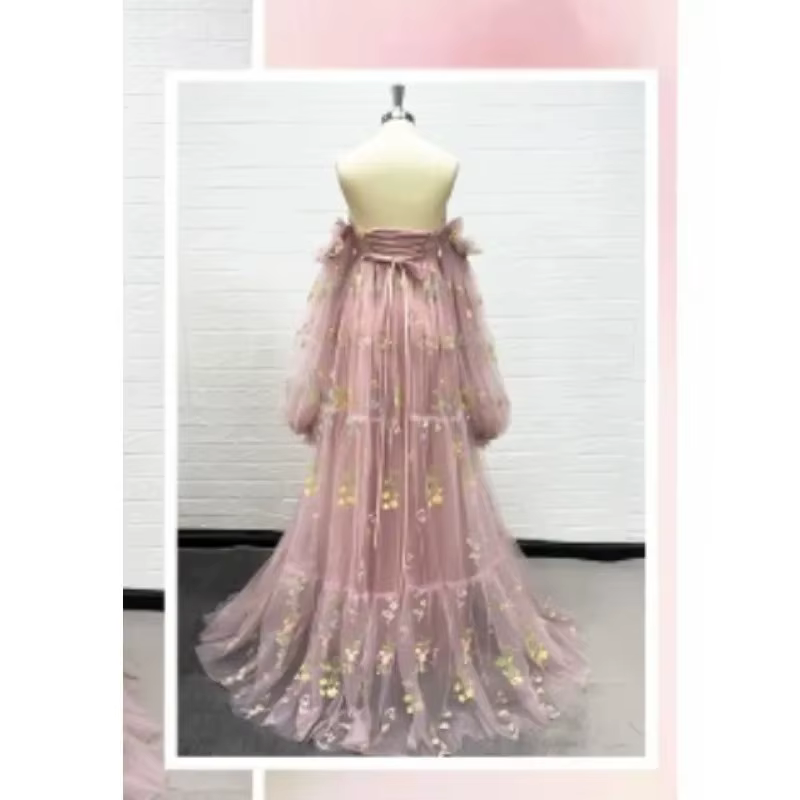 Robe de soirée de maternité sexy – Robe de soirée à fente haute avec broderie florale et manches bou
