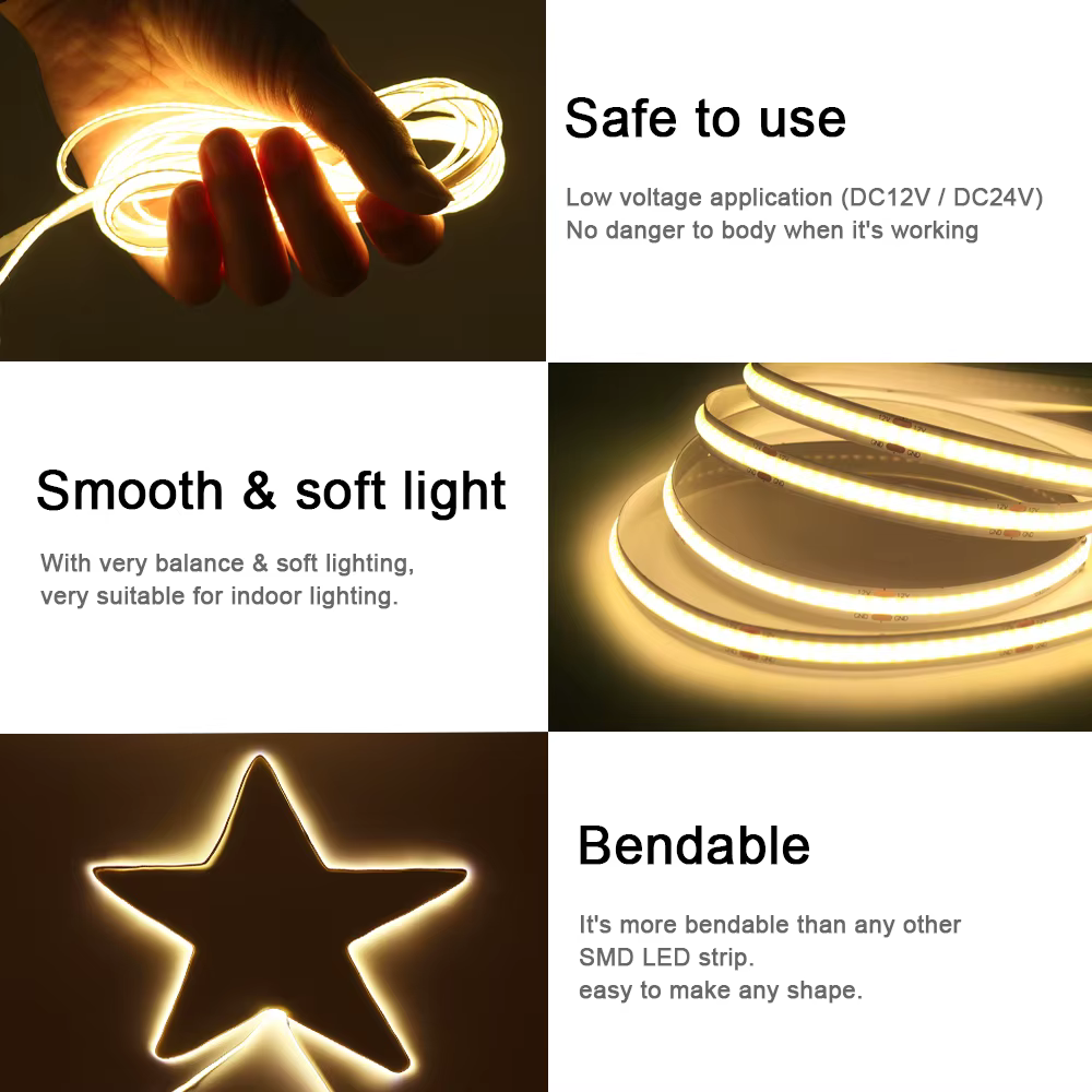 Bande lumineuse LED COB 5V 12V 24V, 320 480 384 528 LED, bande Flexible 5mm 3mm 8mm PCB blanc nature