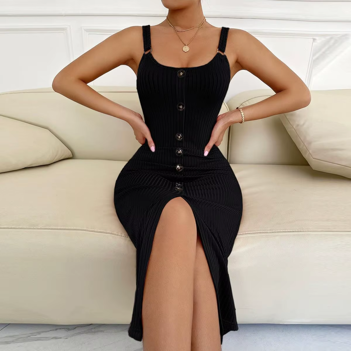 Robe débardeur en maille à faux boutons pour femme, coupe ajustée, sexy, col en V, fendue, style bod