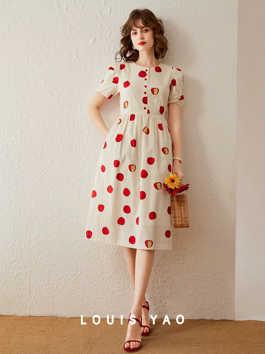 Modiis Yao-Robe longue trapèze pour femme, tenue élégante, imprimée pomme, col rond, manches courtes