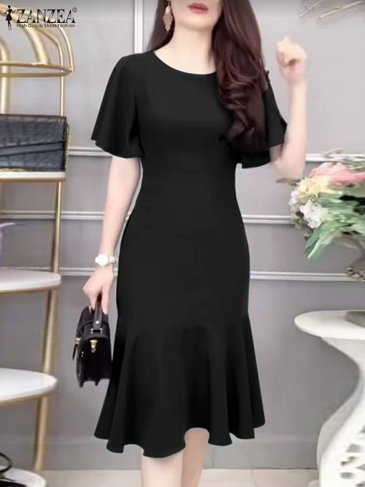 ZANZEA – Robe sirène élégante pour femmes, mode, manches courtes, col rond, ourlet à volants, ajusté