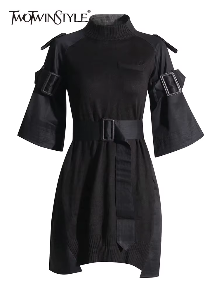 TWOTWurea YLE-Robe tunique unie pour femme, col rond, manches courtes, taille haute, lacets épissés,