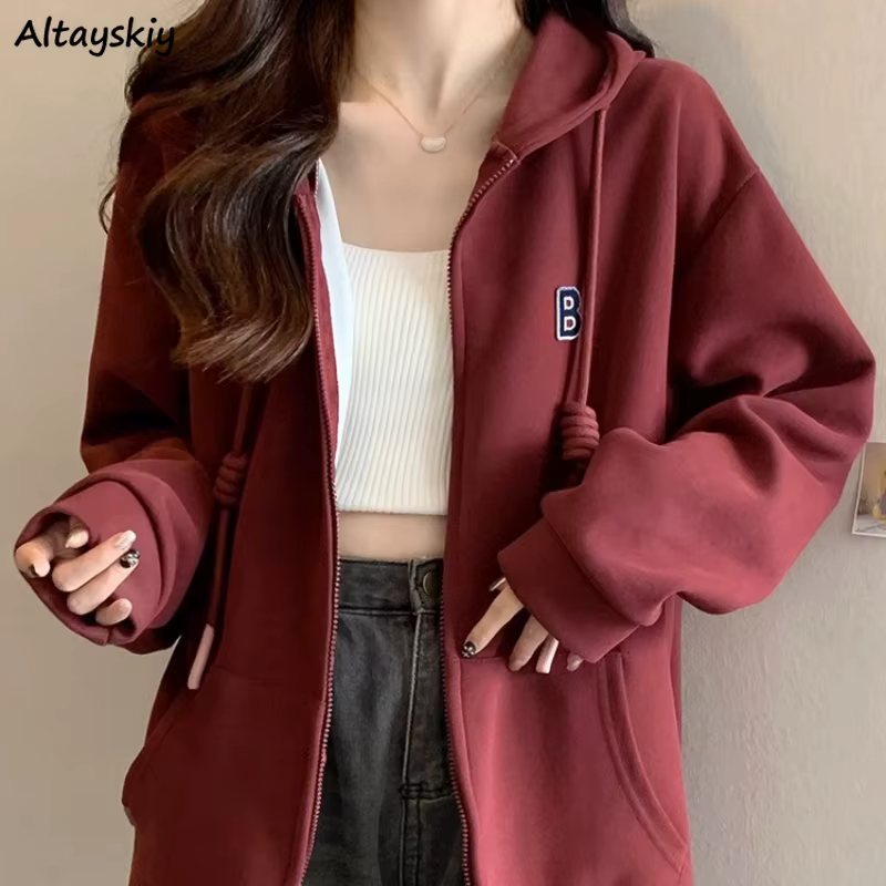 Sweat à Capuche Bordeaux pour Femme, Mode Vintage, Style Coréen, Fermeture Éclair, Assressenti, Brod