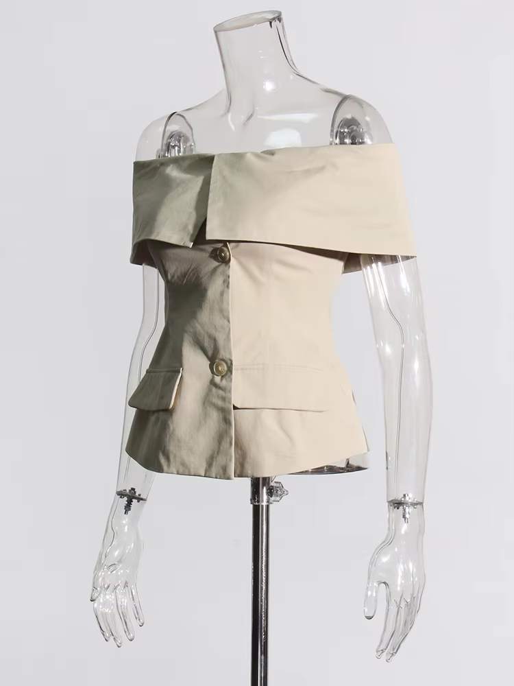TWOTWurea YLE-Veste à Simple Boutonnage pour Femme, Patchwork Solide, Col Slash, Manches Courtes, Ma