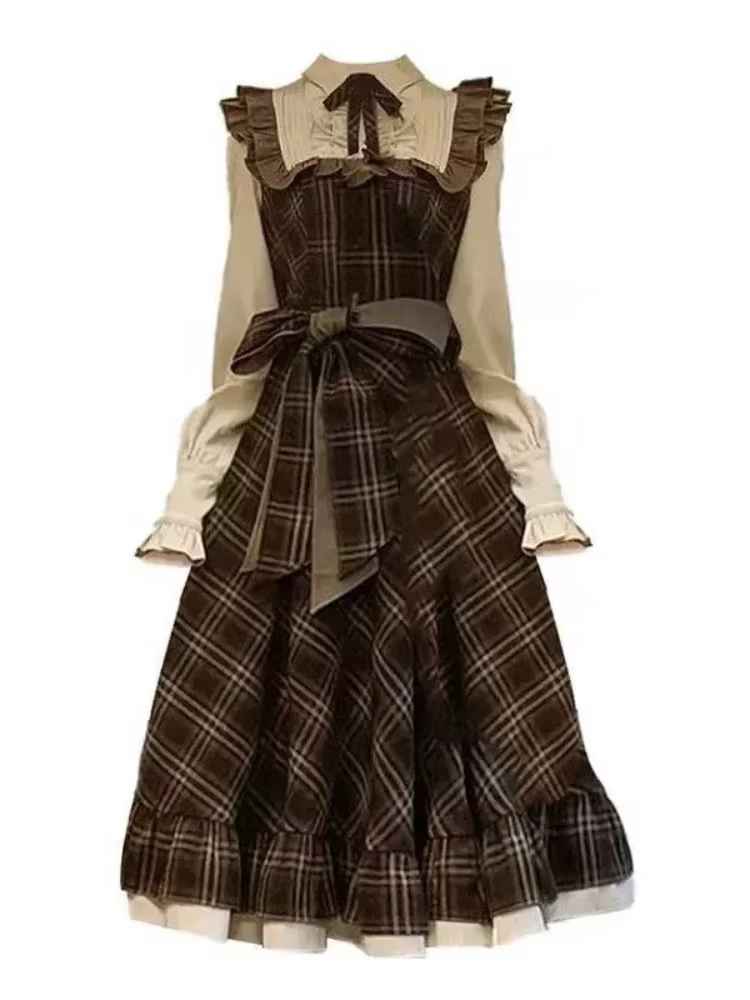 Faux robe deux pièces pour femmes, jupe longue, coupe cintrée, Vintage, Lolita, nœud à carreaux, nou