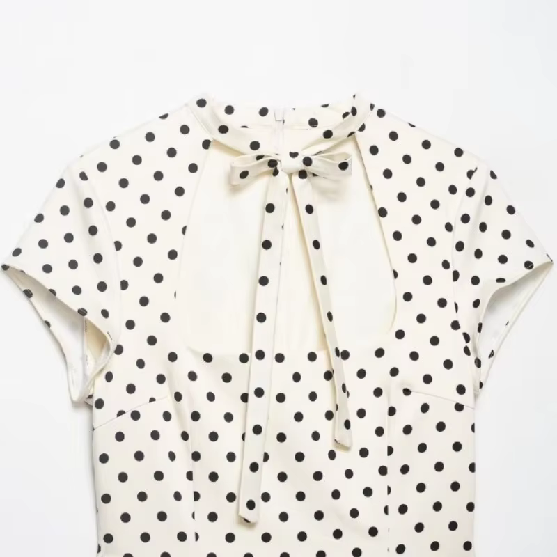 Mini-robe à découpes avec nœud papillon sur le devant, robe moulante à pois à manches courtes pour f