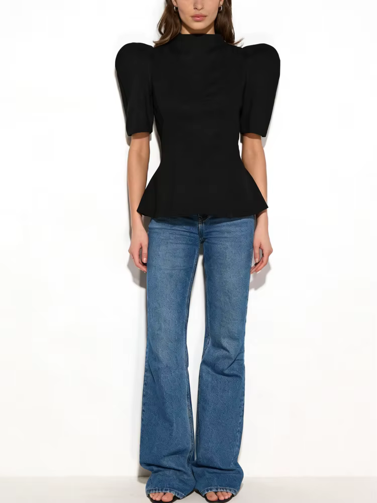 Haut Peplum Femme CiCi Col Montant Manches Courtes Bouffantes Silhouette Structurée Élégant Tenue de