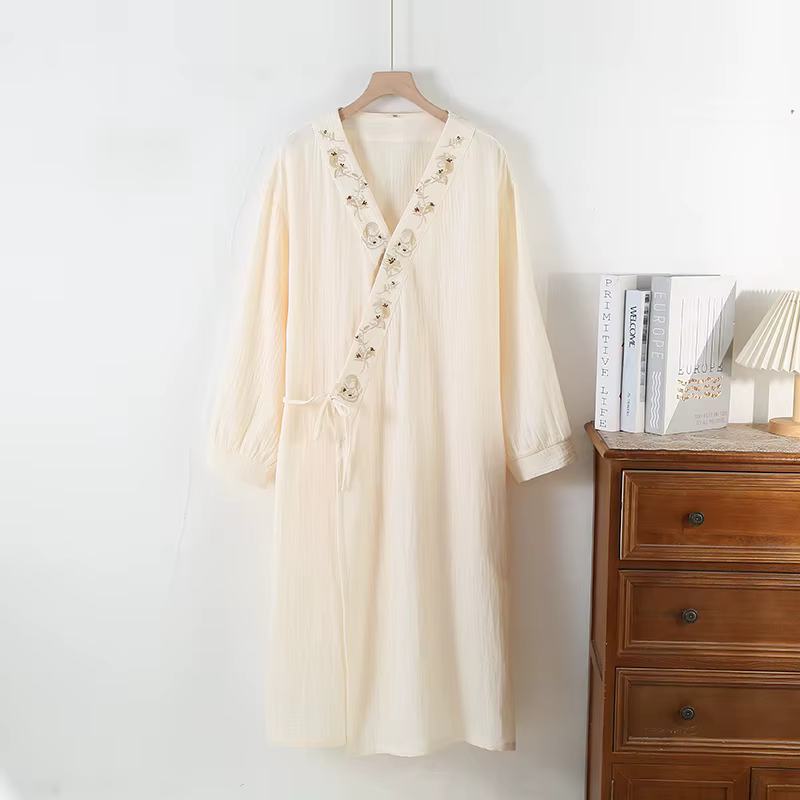 Chemise de nuit en pur coton pour femmes, gaze fine Double couche, à lacets, manches sept-quarts, vê
