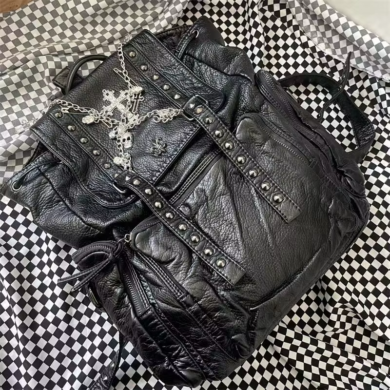 Grunge Rivet noir Y2k sac à dos femmes gothique sous-culture Punk croix noir Mochila dames Vintage H