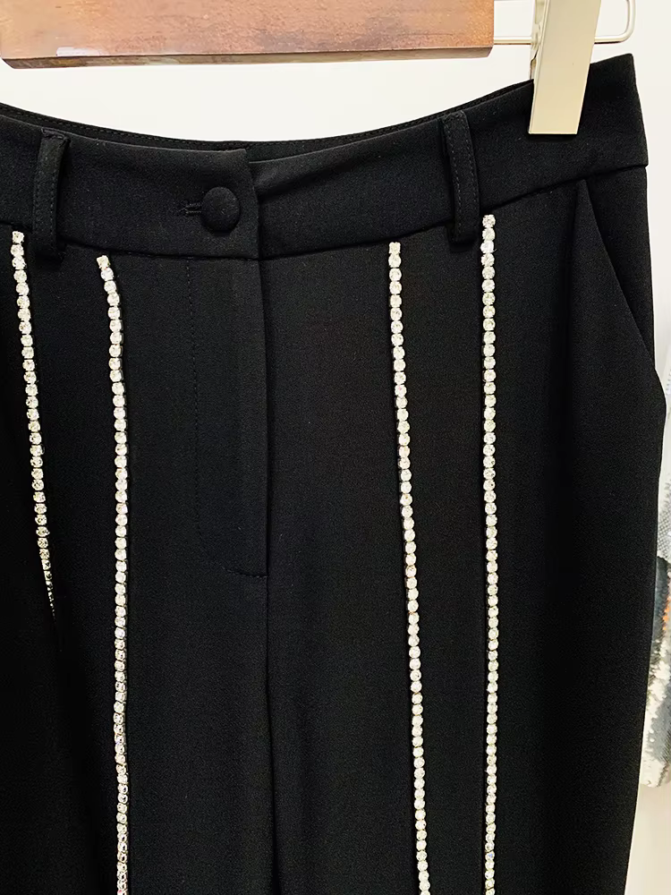 Ensemble blazer et pantalon évasé à revers perlé pour femme, bouton unique évidé, diamants, haute qu