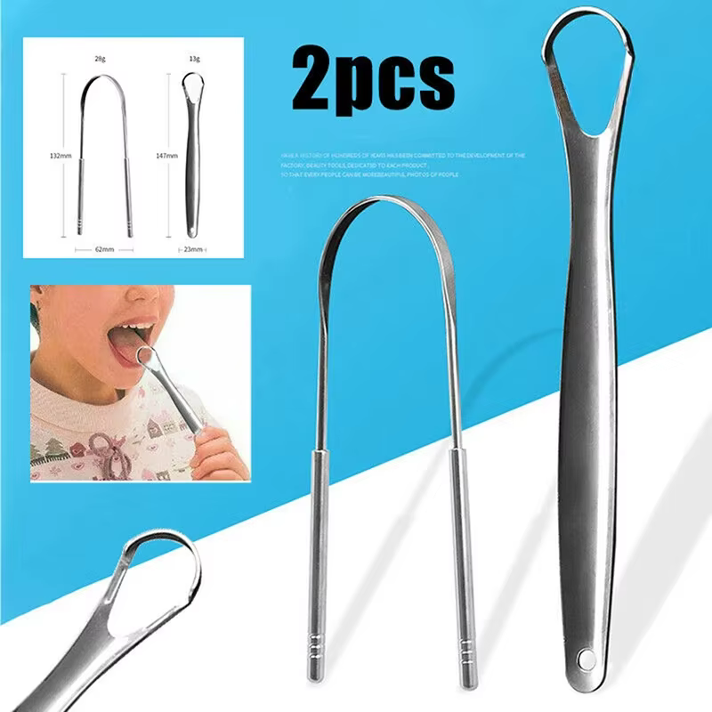 Grattoir à langue en acier inoxydable, 2 pièces, nettoyeur de langue, soins buccaux, grattoir d'hygi