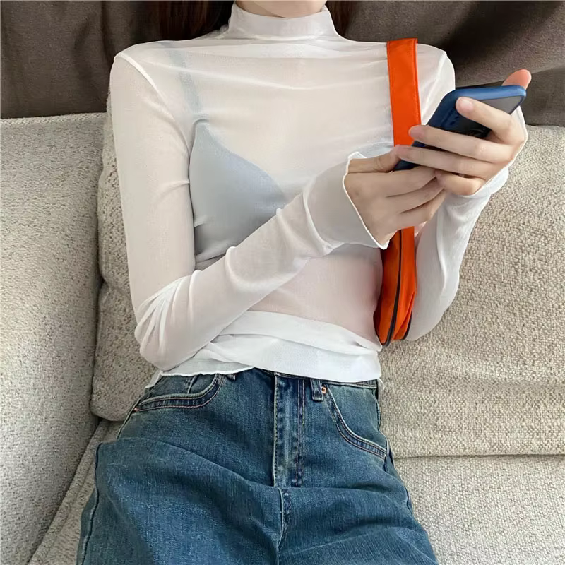Femmes Sexy T-Shirt voir à travers des hauts en maille transparente à manches longues pure mince dam