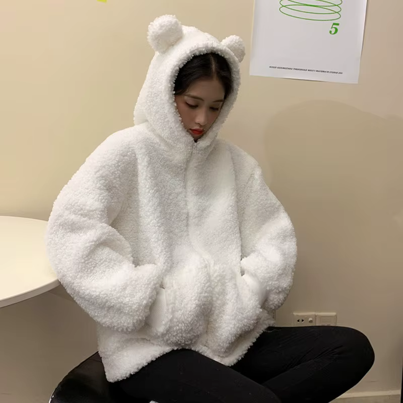 Sweat à capuche zippé en fausse fourrure pour femme, sweats à capuche doux avec oreilles d'ours en p