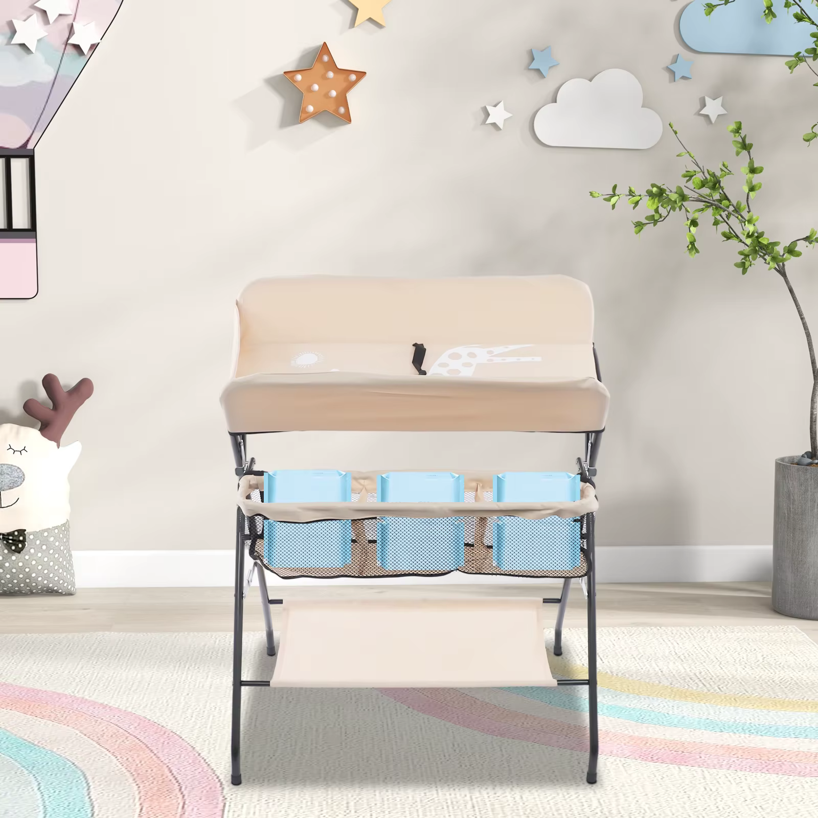 Table à langer pliable pour bébé, capacité de 33 lb, station à couches portable avec panier de range