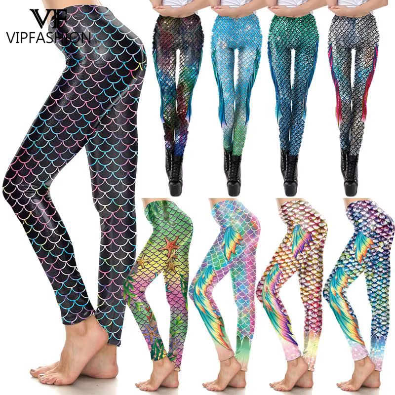 Leggings sirène colorés VIP FASHION pour femmes, taille haute, effet écailles de poisson, pantalon m