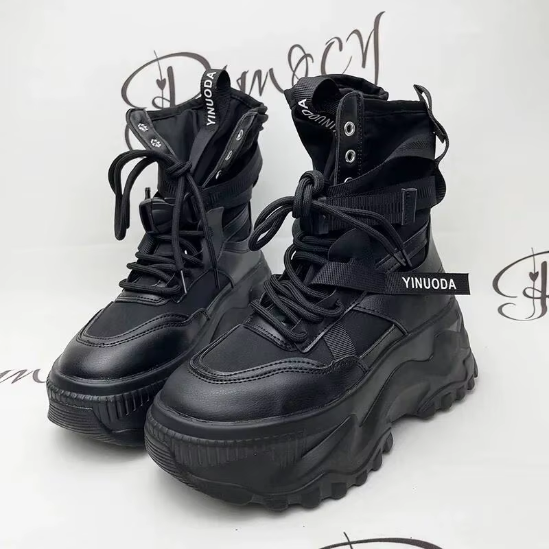 Bottes de moto noires à plateforme épaisse, à lacets, vulcanisées, pour femme, automne hiver 2026, b