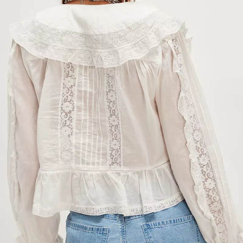 Chemises de plage en dentelle transparente pour femmes, style Boho, boutonné, à volants, manches cou