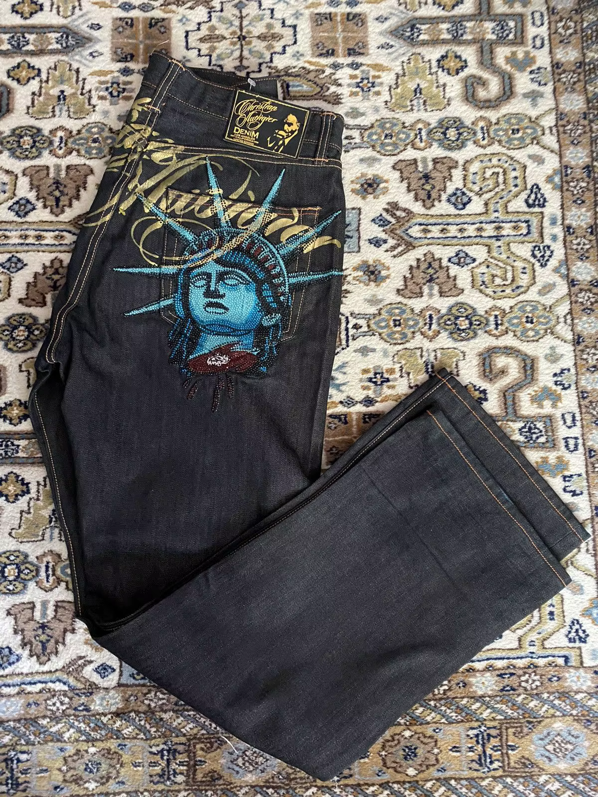 Jean décontracté vintage années 2000 avec motif Statue de la Liberté et diamants, taille haute, coup